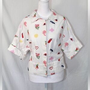 Caroline Constas White Embroidered Button-Front Blouse with Multicolor Motifs